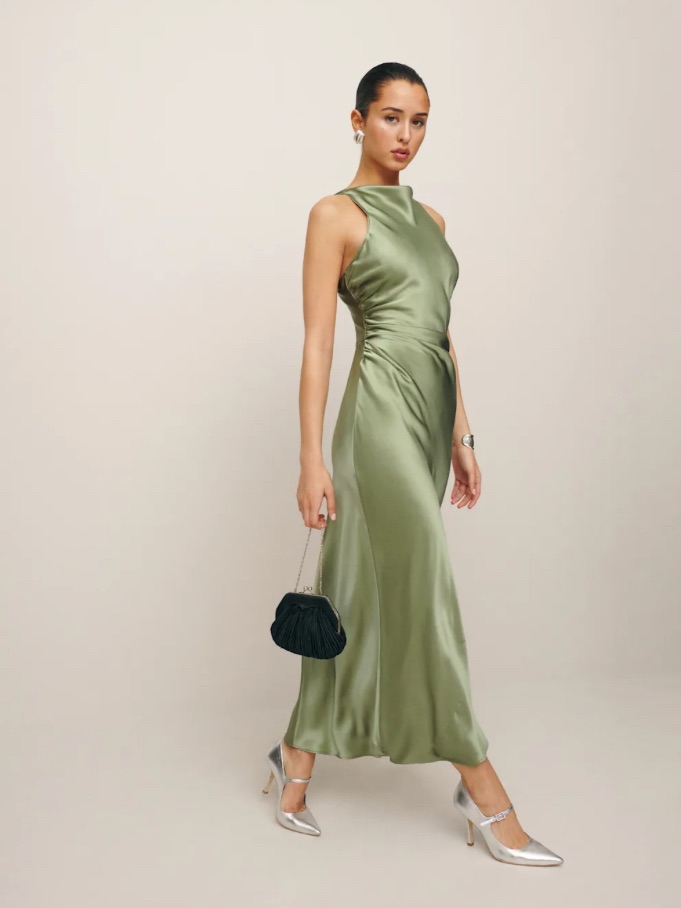 Nwt Reformation Casette Silk Dress Sz6 Artichoke